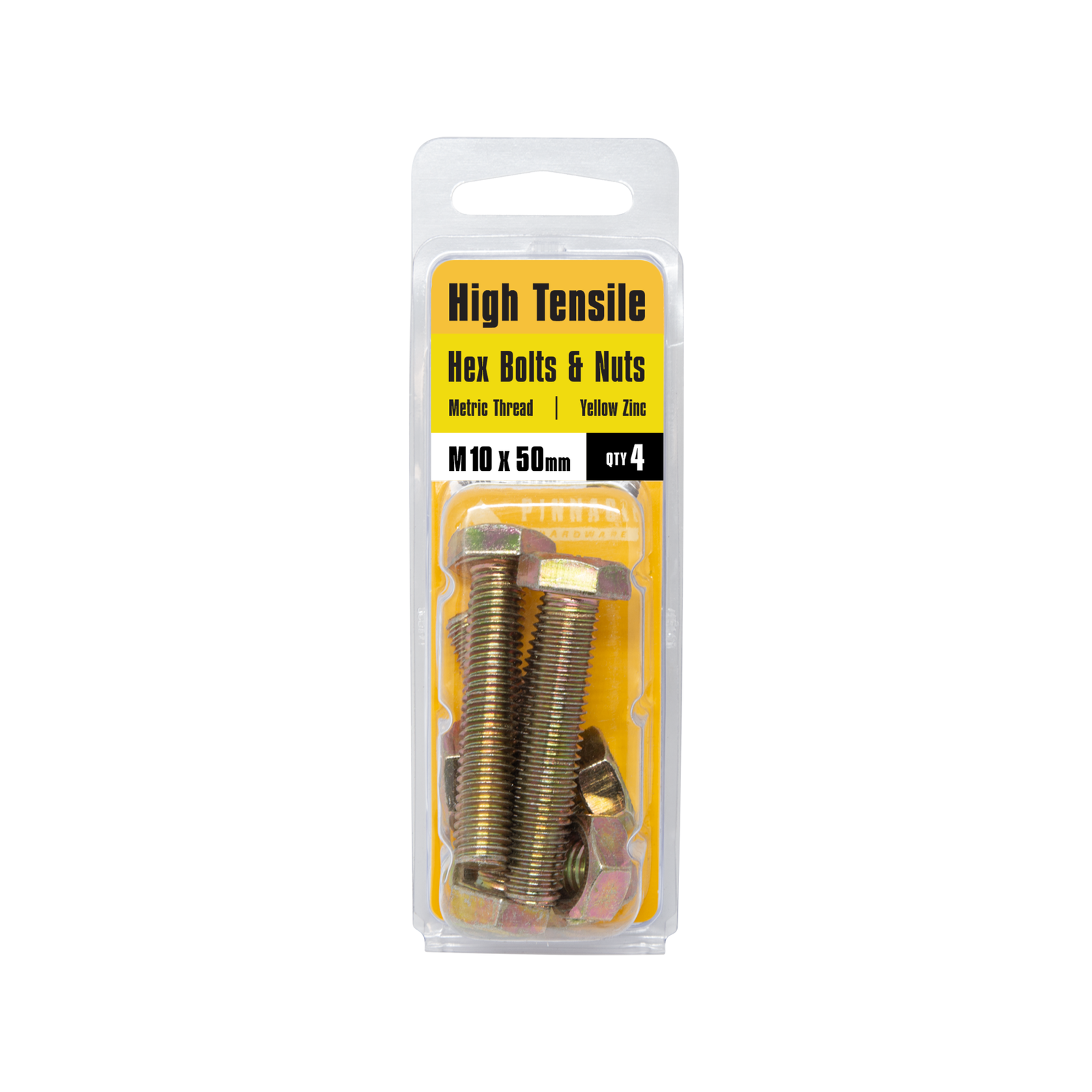 Pinnacle M10 x 50mm Hi-Tensile Hex Bolt and Nut - Yellow Zinc, 4 Pack