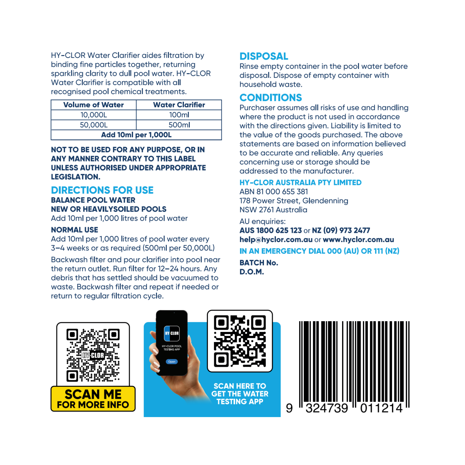 Hy-Clor Pool Water Clarifier 1L Liquid Treatment