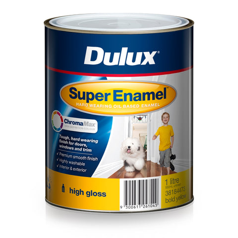 Dulux Super Enamel High Gloss ChromaMax Paint 1L Bold Yellow, Oil Based, Interior & Exterior