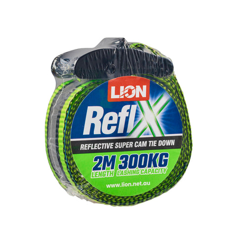 Lion Reflx 2m Super Cam Tie Down 300kg Green Polyester UV Protected Reflective Webbing