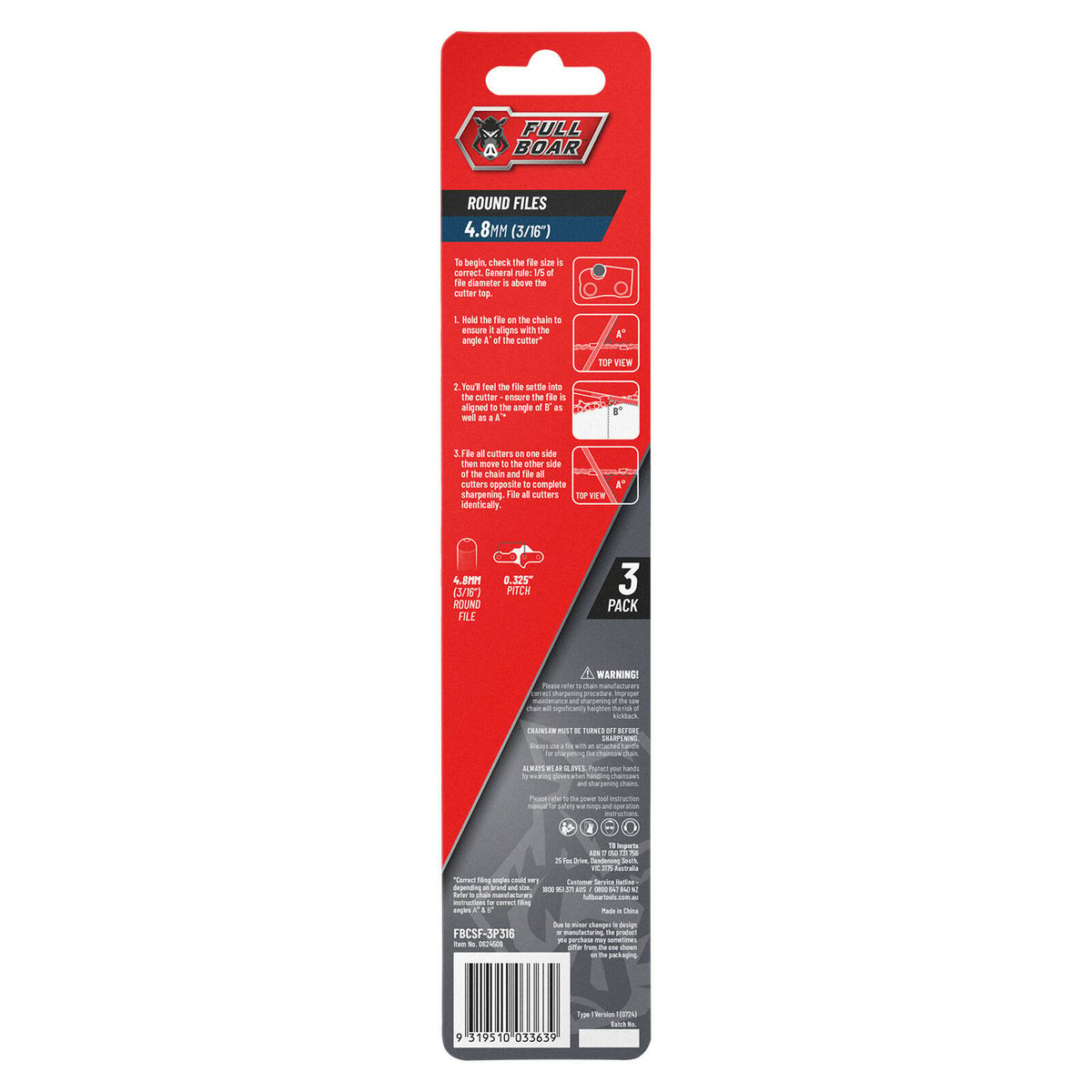 Full Boar 4.8mm (3/16") Round Tapered Chainsaw File - 3 Pack, 245mm