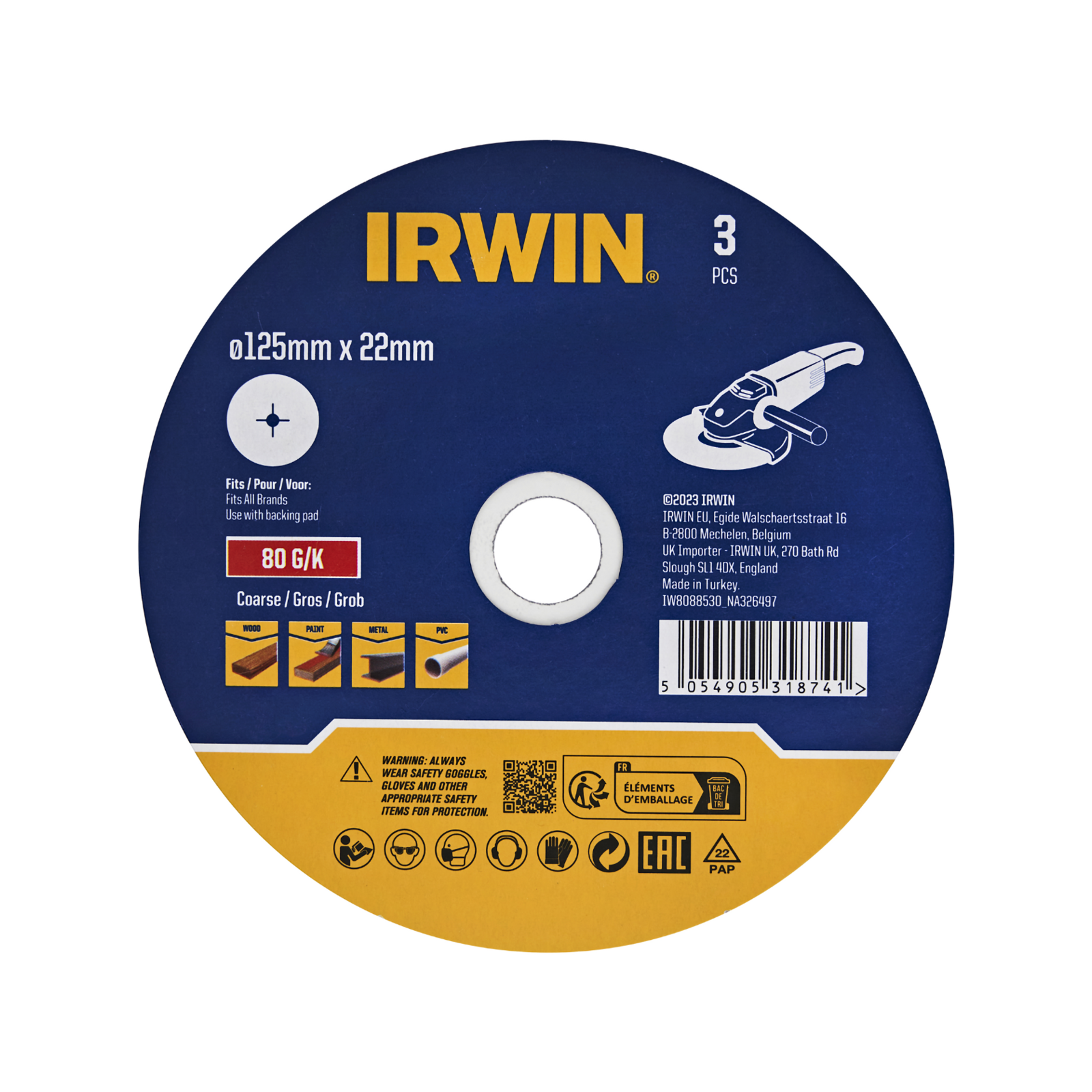 Irwin 125 x 22mm 80 Grit Fibre Disc 3 Pack for Wood & Metal