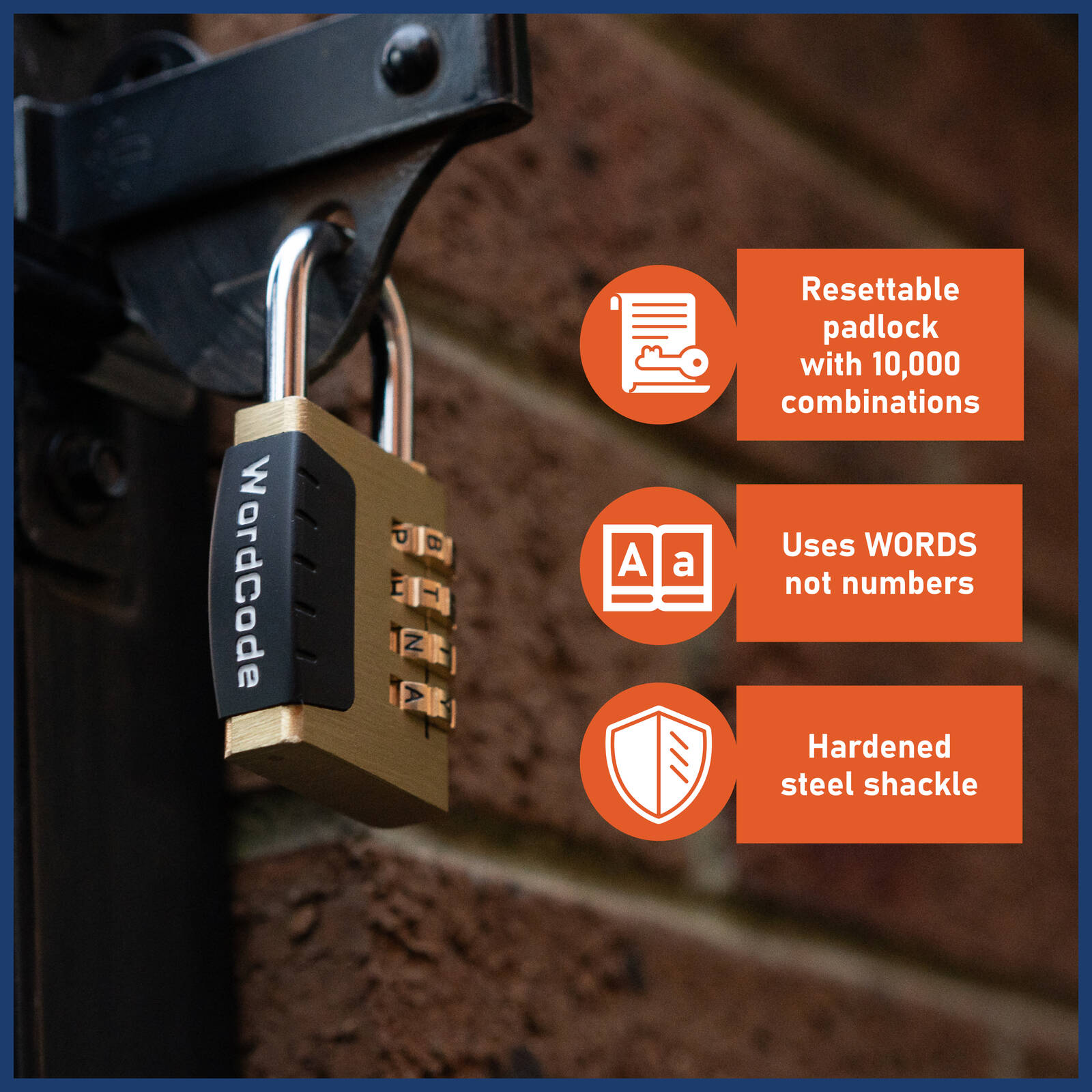 Wordcode 38mm Brass 4 Dial Resettable Combination Padlock