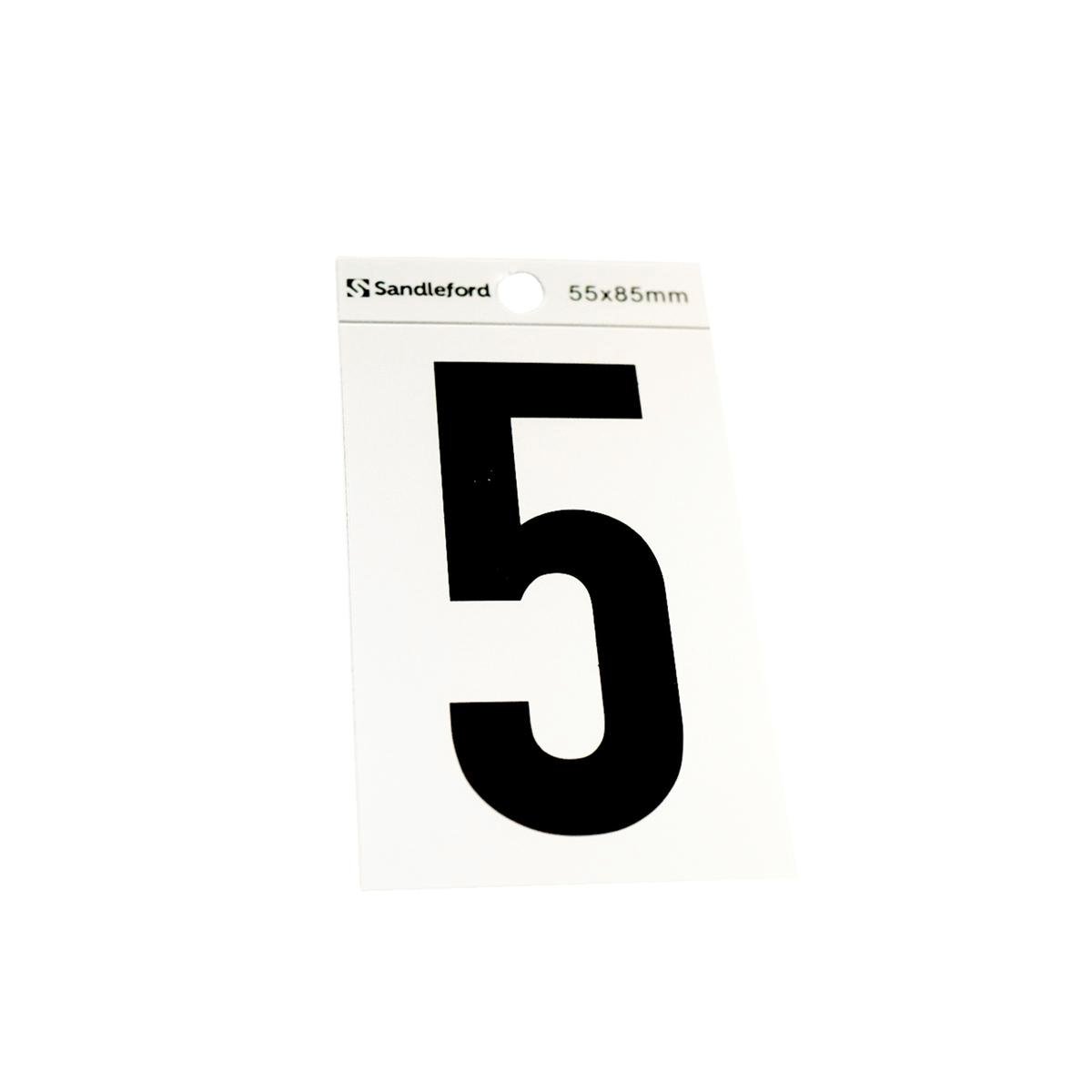 Sandleford 85mm Silver/Black Self Adhesive House Number 5 Polycarbonate Gloss Silver