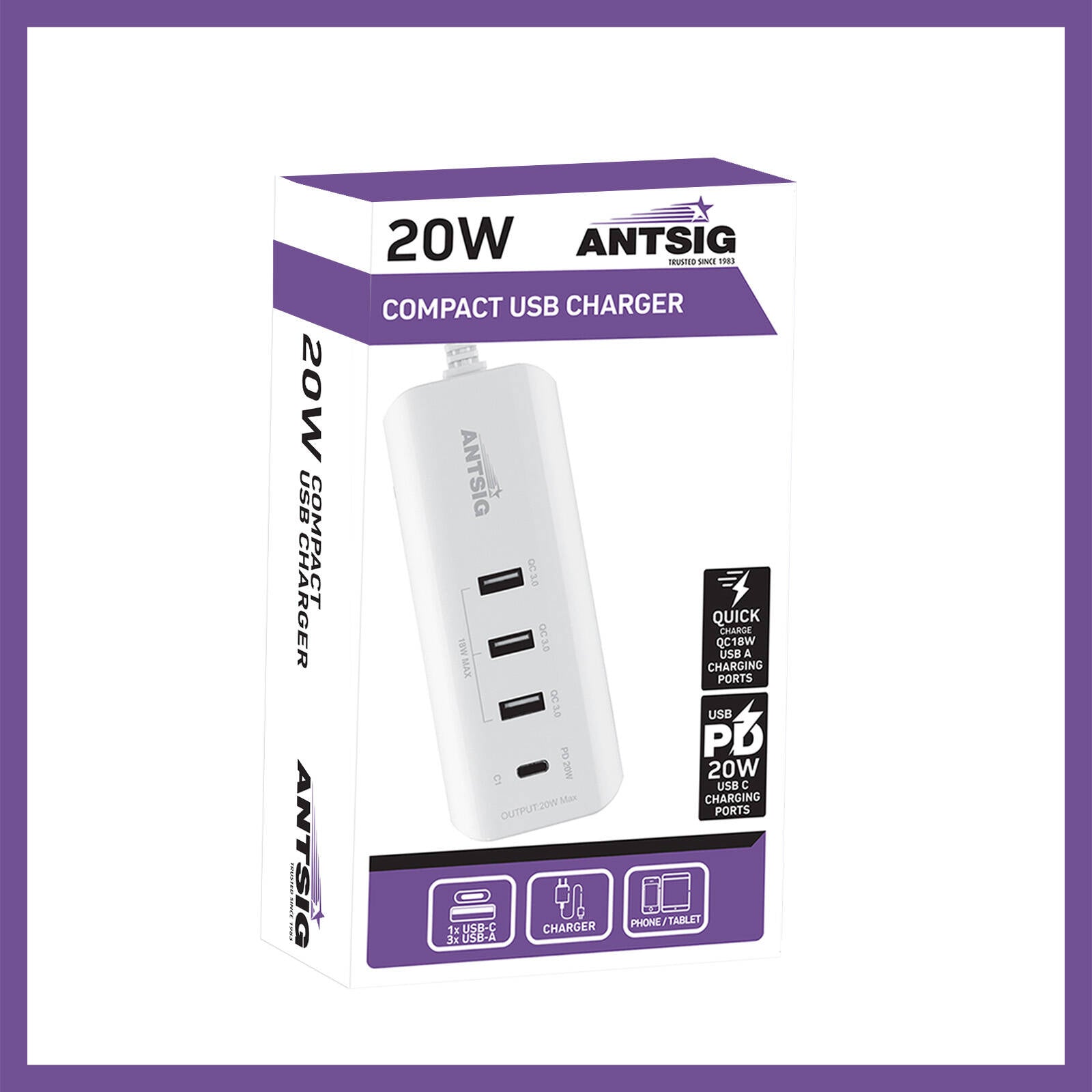 Antsig 20W Compact USB Charger - 3x QC 3.0 USB-A + USB-C PD, Travel Size AP3032B