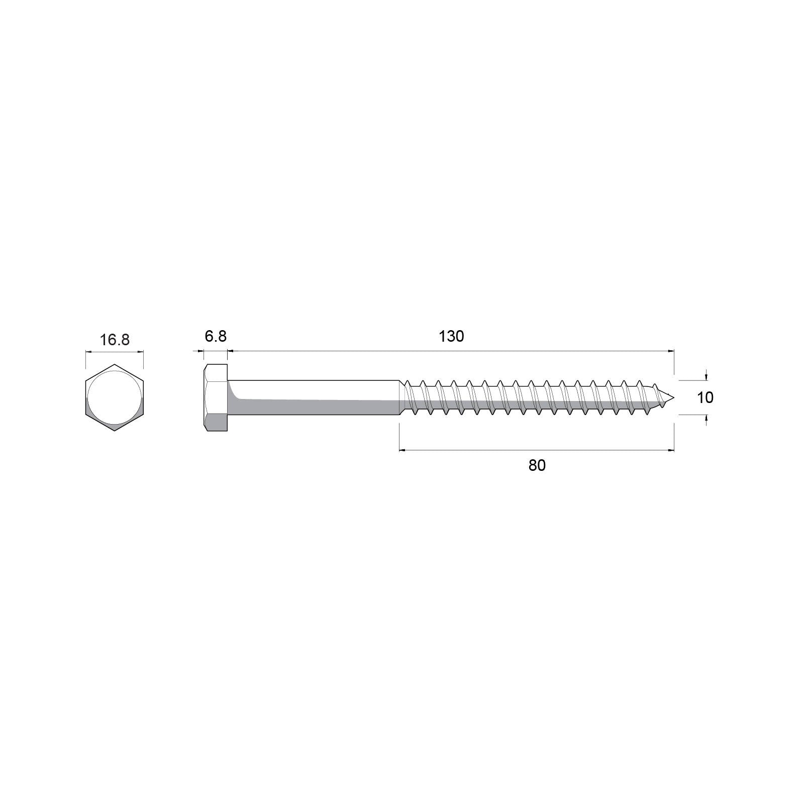 Zenith M10 x 130mm 304 Stainless Steel Hex Head Coach Screw