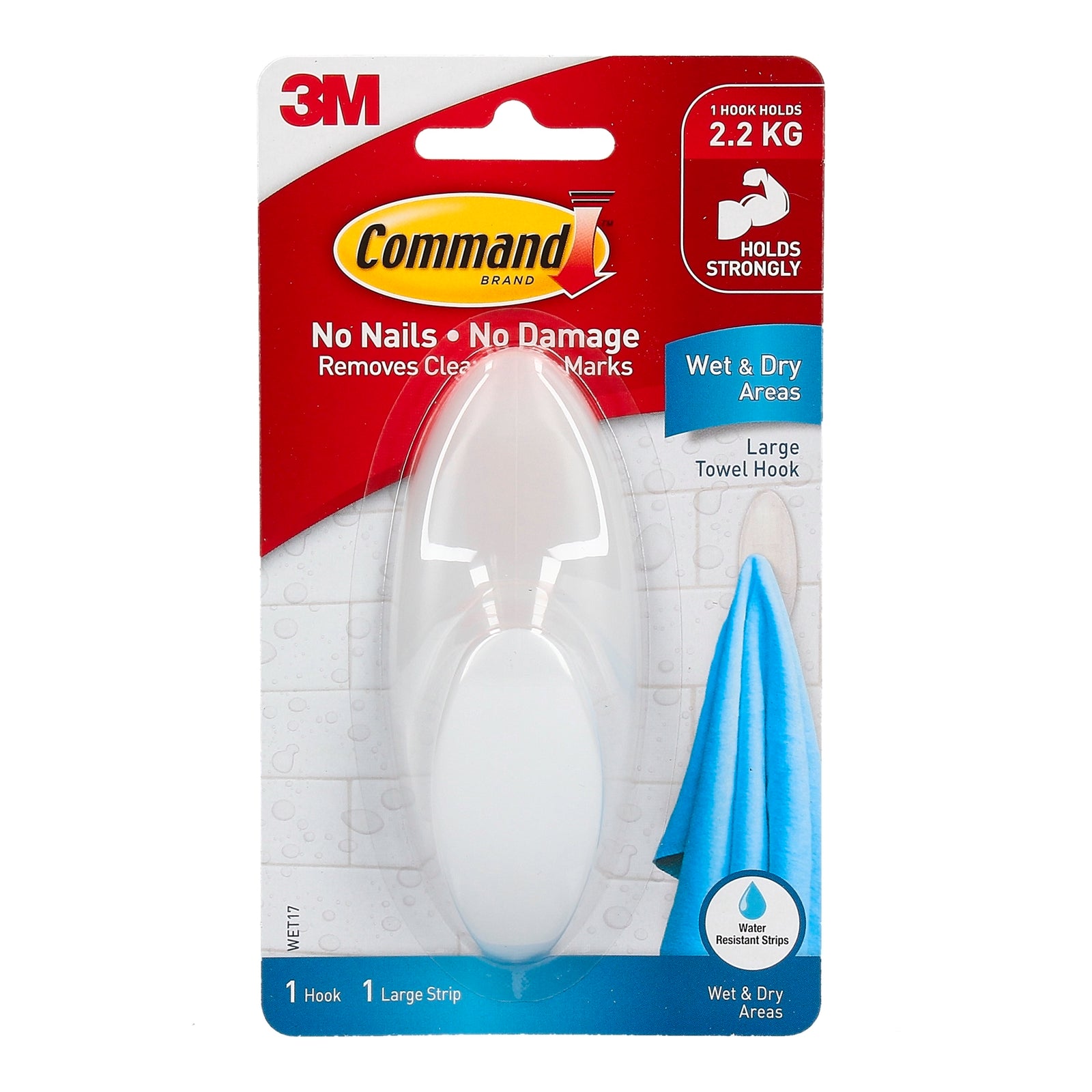 Command Large White Adhesive Wet Area Towel Hook Damage-Free