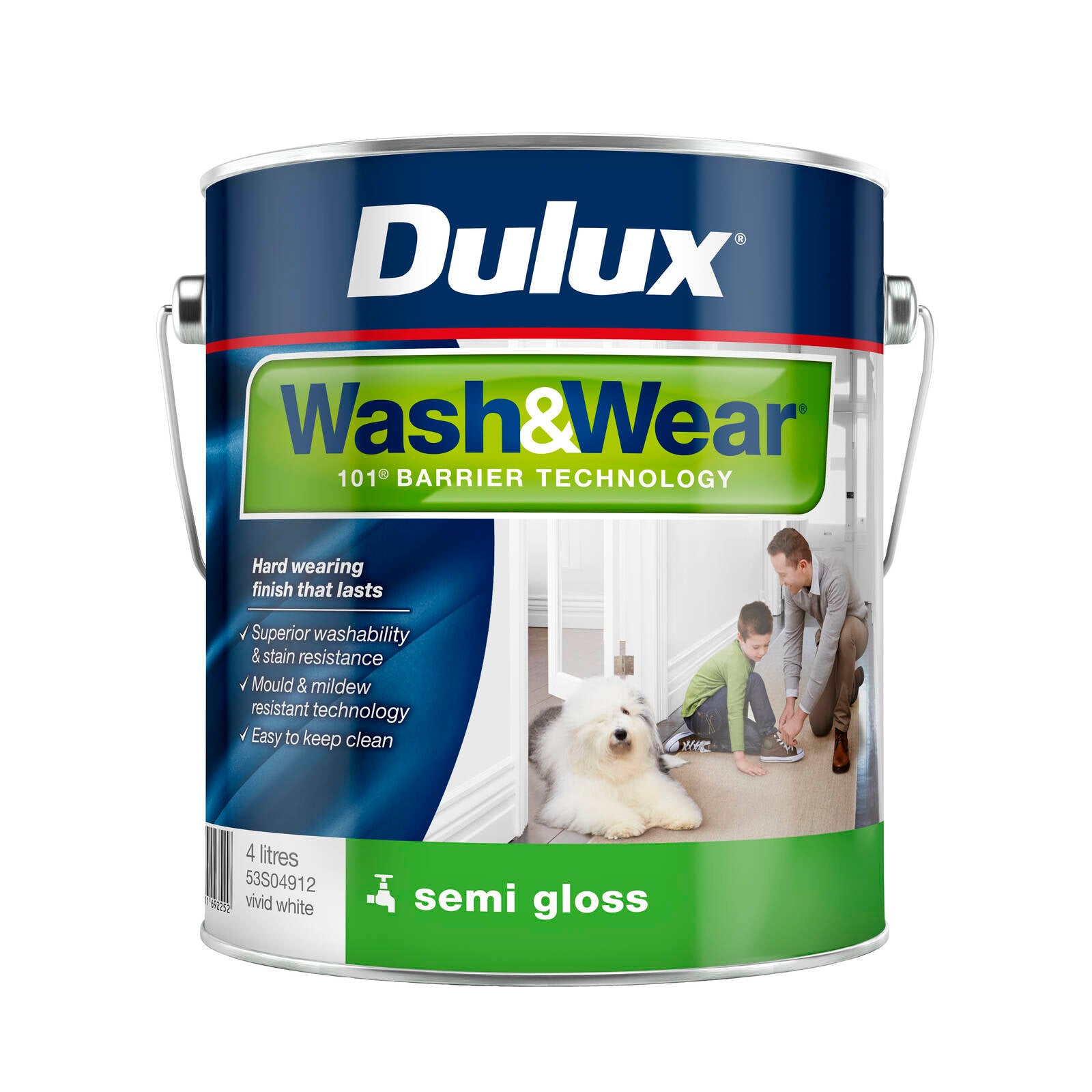 Dulux Wash&Wear 4L Vivid White Semi Gloss Interior Paint, Tintable