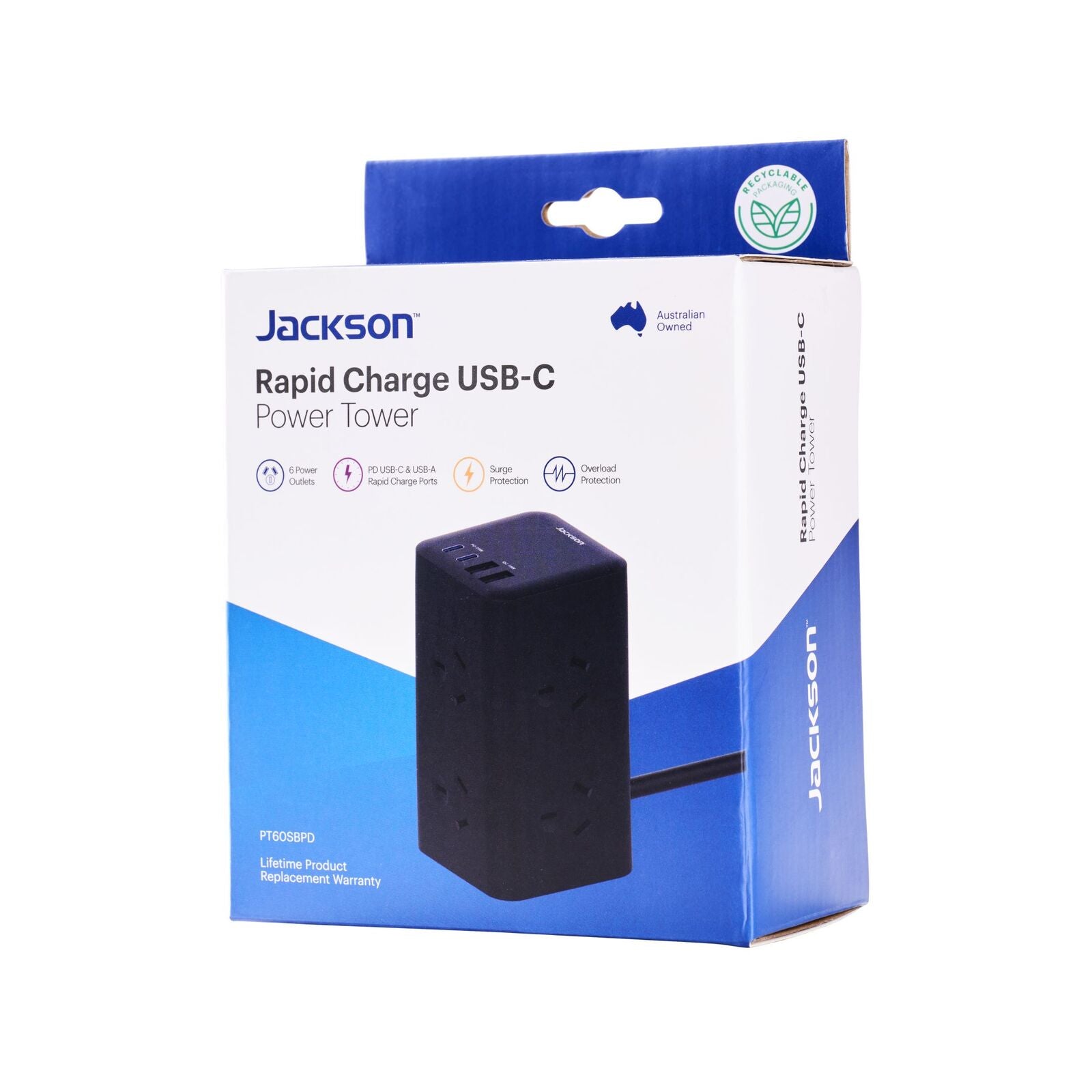 Jackson Rapid Charge USB-C Power Tower, 6 Outlets, 240V 2400W, 175J Surge PT60SBPD