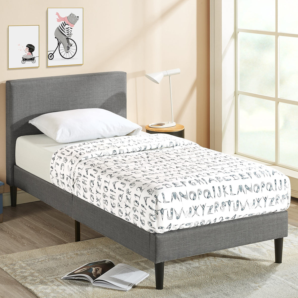 Zinus Liam Classic Single Upholstered Fabric Bed Base in Grey - Padded Headboard, 130kg - AU-FPPPDG-12S