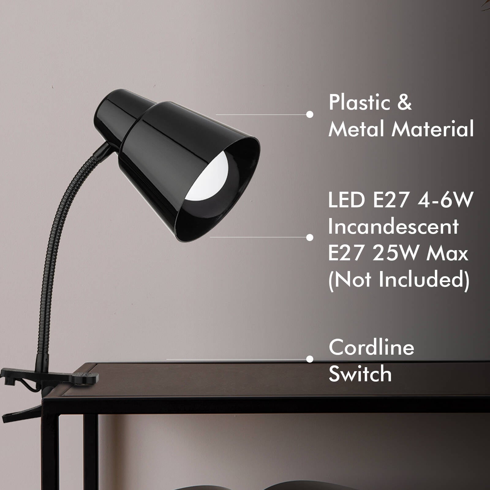 Verve Design Brylee Black Adjustable Clamp Lamp 25W Plastic & Metal ATL154BK