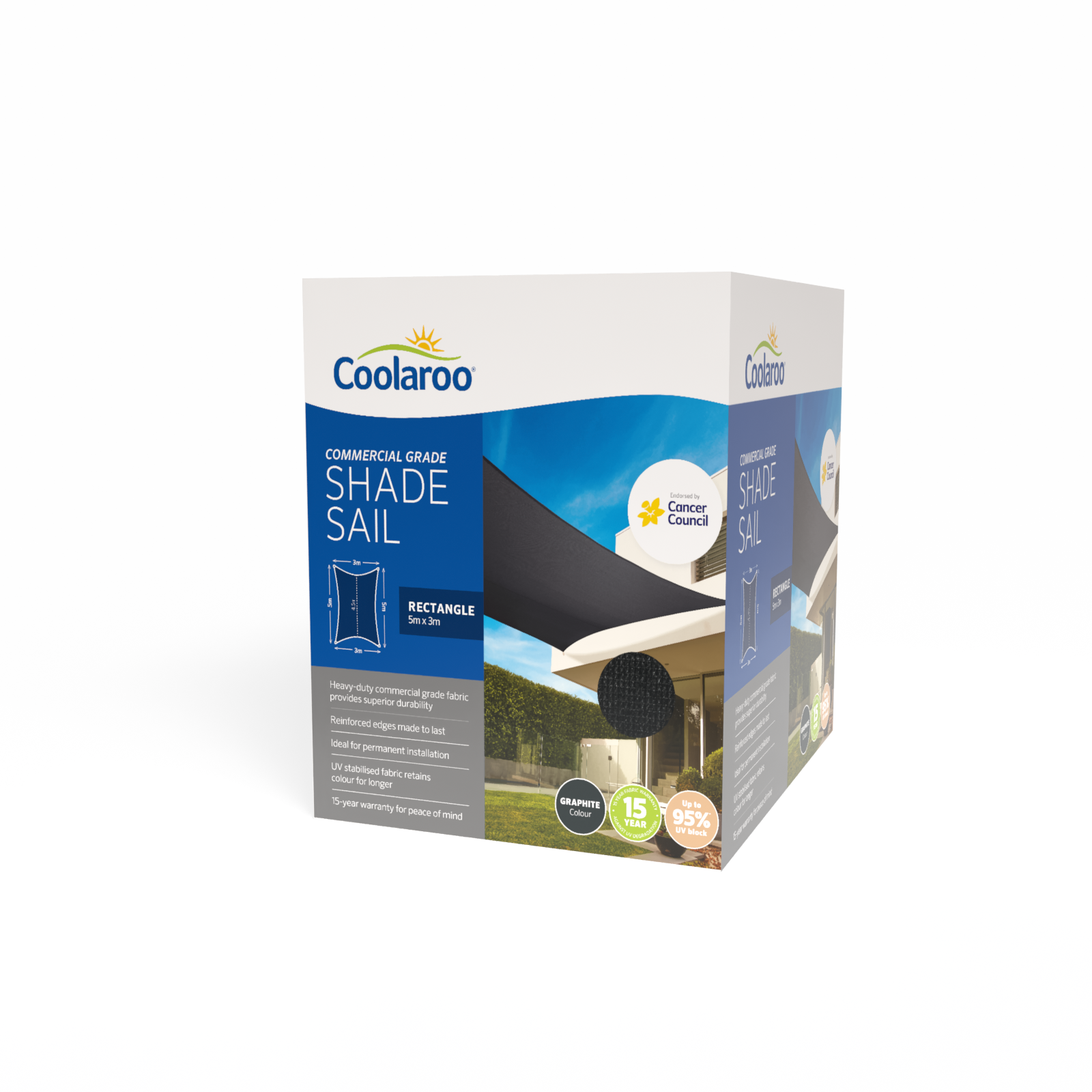 Coolaroo 5 x 3m Graphite Rectangle Commercial Grade Shade Sail - 95% UV Block