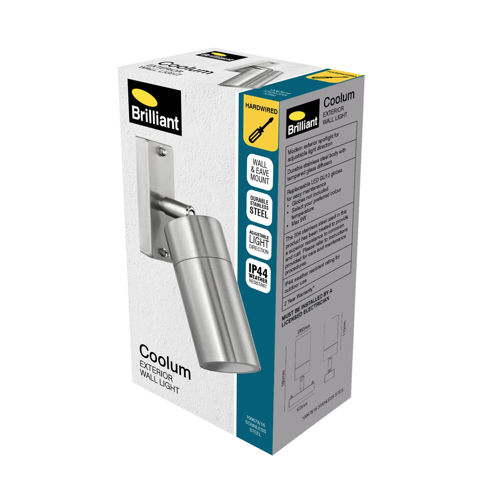 Brilliant Coolum Adjustable Exterior Wall Light Stainless Steel GU10 Weather Resistant
