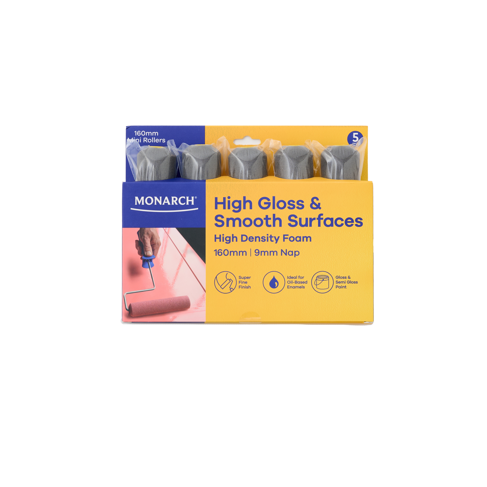 Monarch 160mm 9mm Nap High Density Foam Gloss & Smooth Mini Rollers 5 Pack