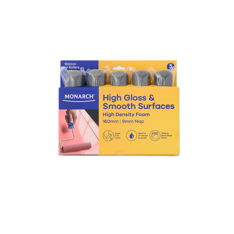 Monarch 160mm 9mm Nap High Density Foam Gloss & Smooth Mini Rollers 5 Pack