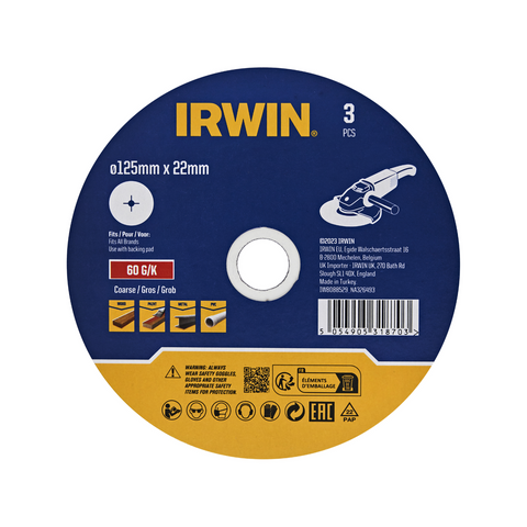 Irwin 125 x 22mm 60 Grit Fibre Disc, 3 Pack for De-Burring & Rust Removal