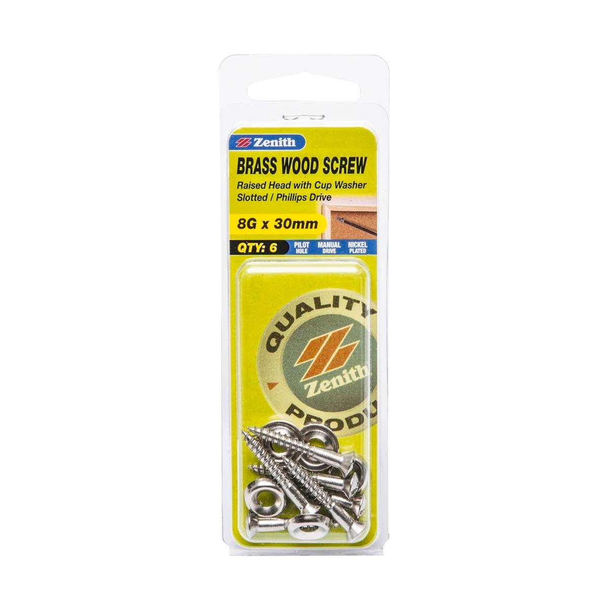 Zenith Wood Screws 8g x 30mm Nickel Plated Round Head with Cup Washer - 6 Pack - SuperSaverAU - view 1