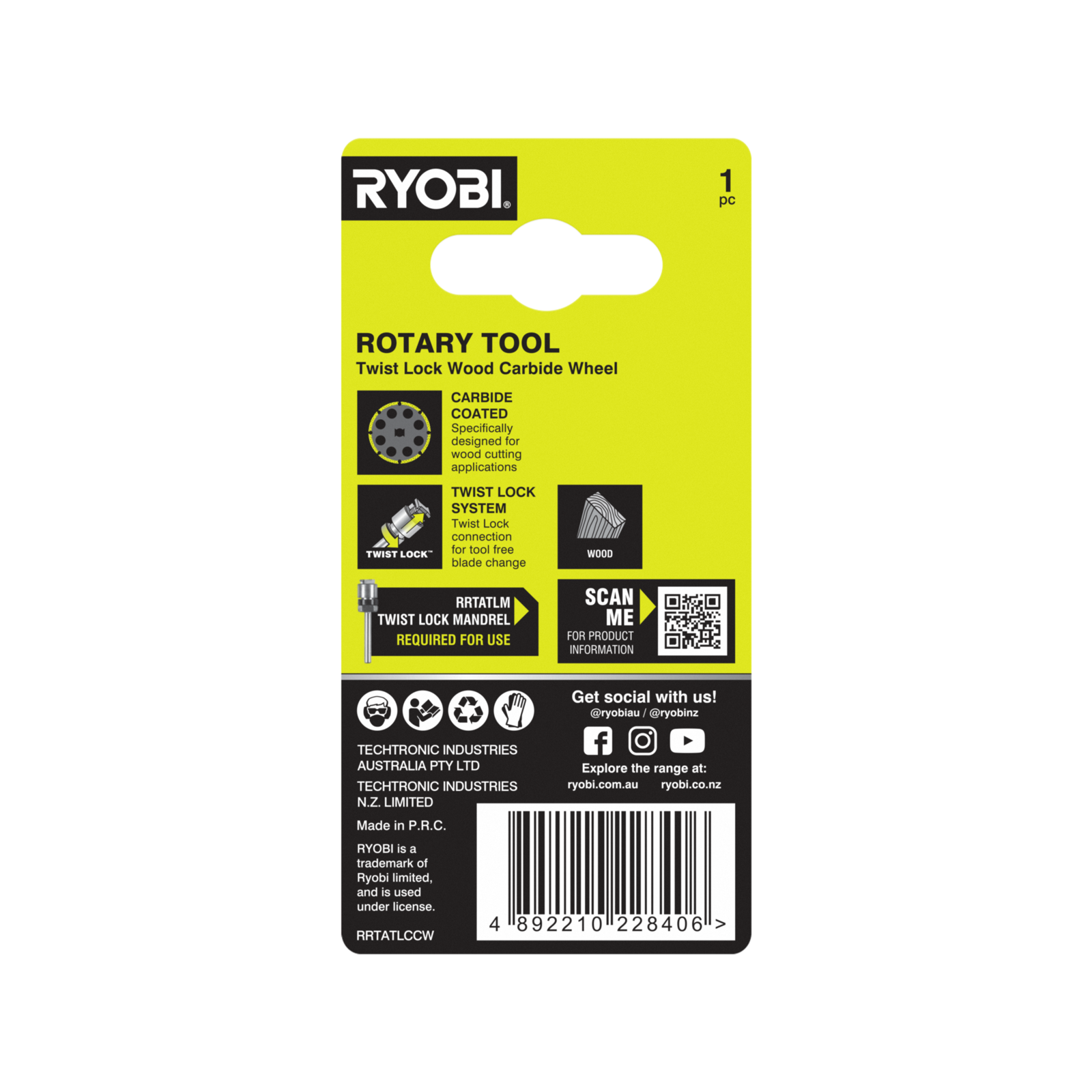 Ryobi 38mm Twist Lock Wood Carbide Wheel for Timber and Laminates