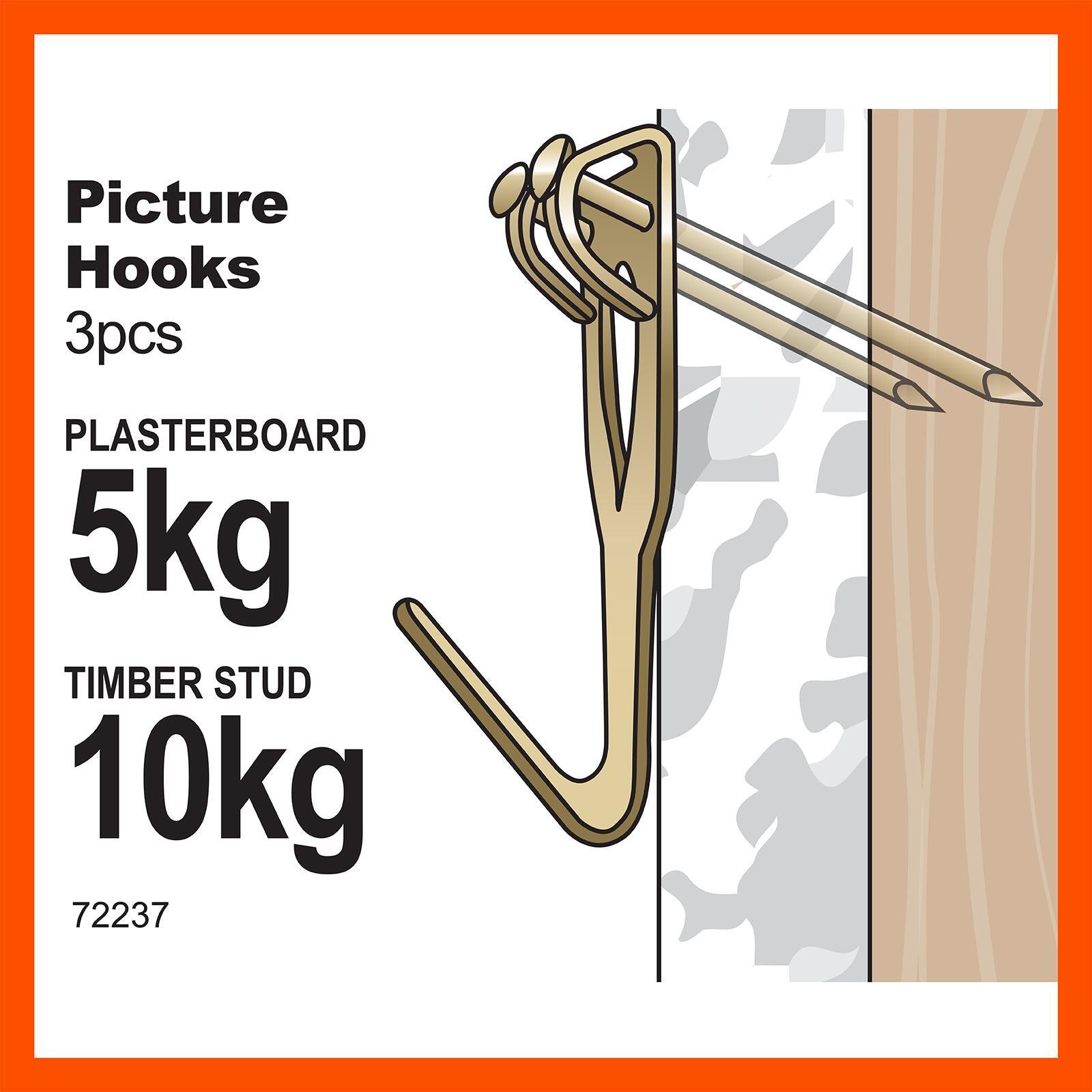 Everhang 10kg Brass Plated Steel Picture Hanging Angle Drive Hook - 3 Pack