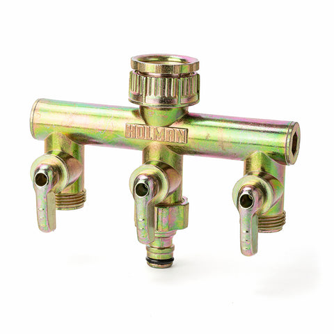 Holman 3 Way Metal Tap Outlet Manifold Gold for Garden Hose Fittings