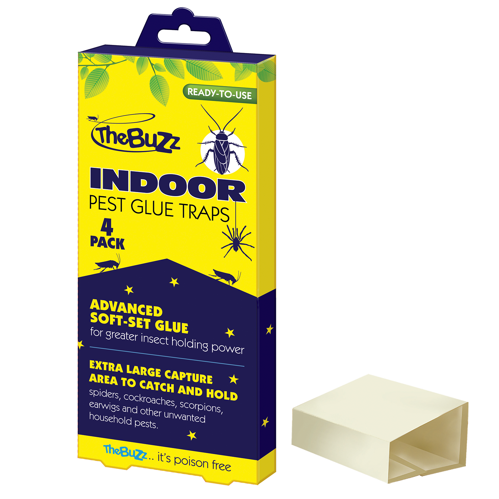 The Buzz Indoor Pest Glue Trap 4 Pack - Non-Toxic Insect and Spider Traps