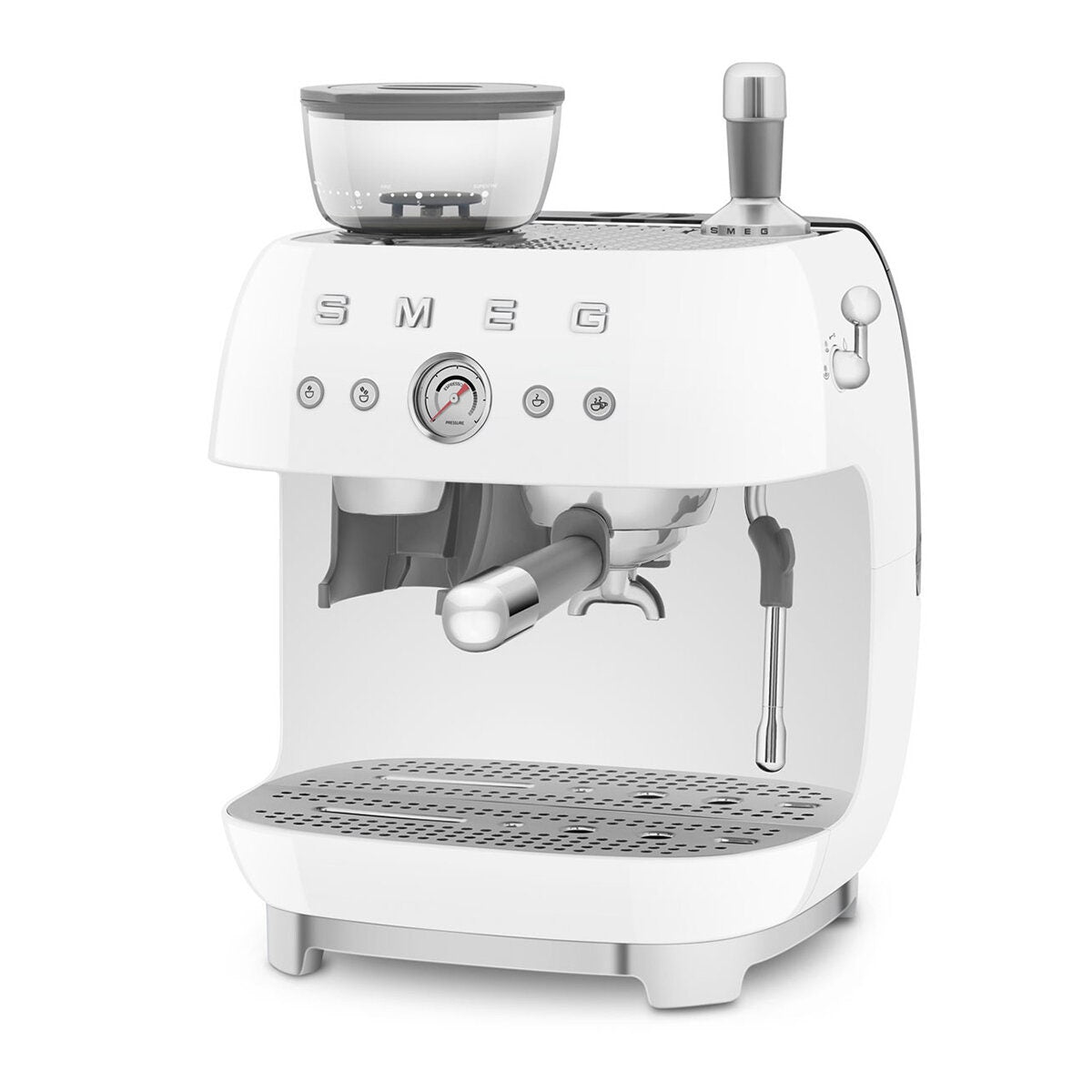 Smeg 50s Style Espresso Machine with Built-in Grinder - 20 Bar, Dual Thermoblock, White - EGF03WHAU