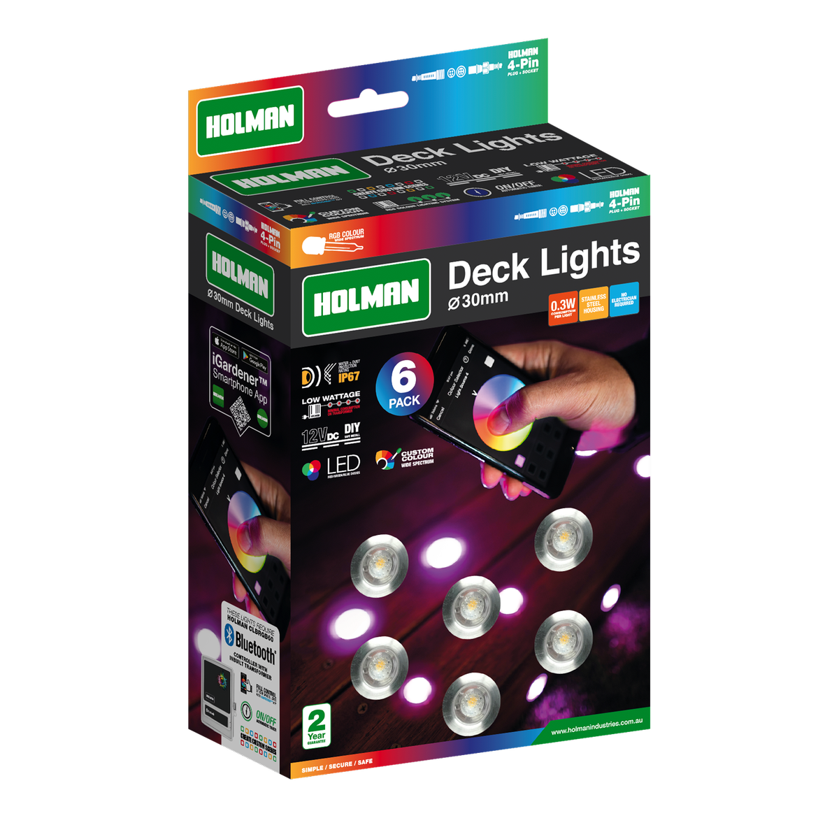 Holman RGB Colour Deck Light 30mm Stainless Steel 6 Pack Waterproof - SuperSaverAU - view 2
