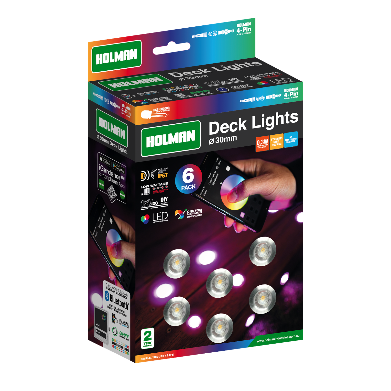 Holman 30mm RGB Colour Deck Light 6 Pack 12V 1.8W Waterproof DLRGB3003