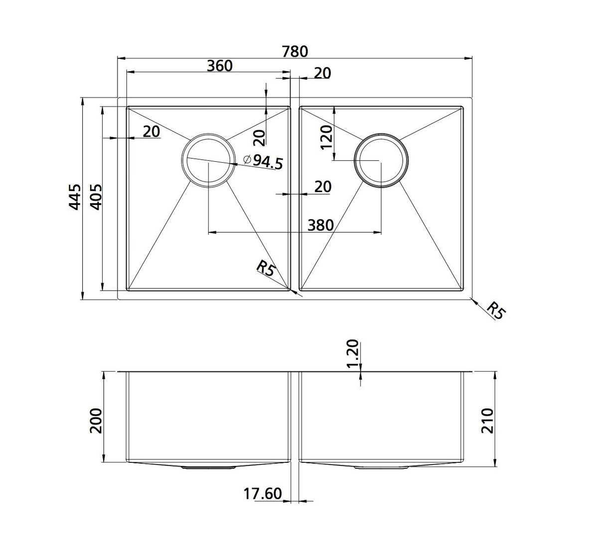 Oliveri Spectra 780mm Double Bowl Sink - Brushed Stainless Steel, Rear Waste Outlets, Topmount - SB63SS