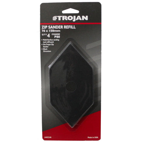 Trojan Zip Sander Hook & Loop Sanding Sheet Refill 80 Grit, 76 x 150mm 4 Pack