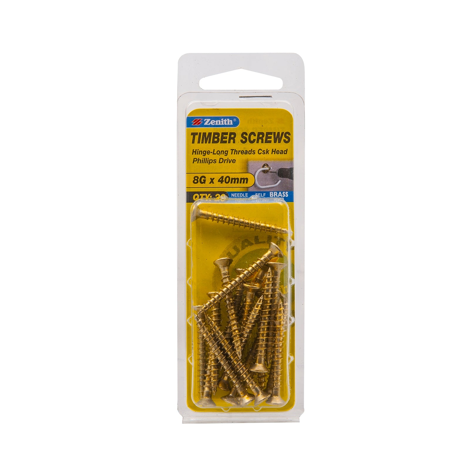 Zenith 8G x 40mm Brass Plated Countersunk Hinge-Long Thread Timber Screws - 20 Pack