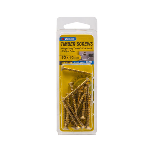 Zenith 8G x 40mm Brass Plated Countersunk Hinge-Long Thread Timber Screws - 20 Pack