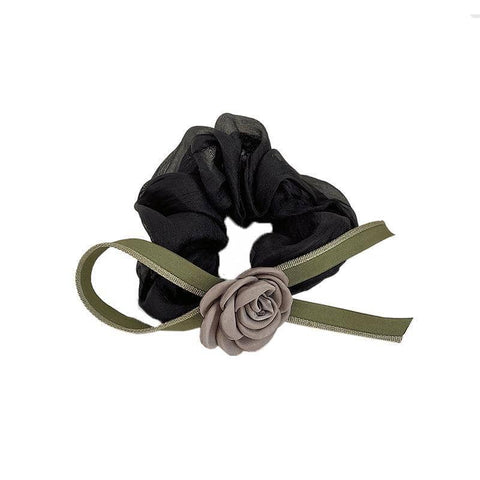 Camellia Bow Scrunchie Hair Tie - Black with Grey Flower