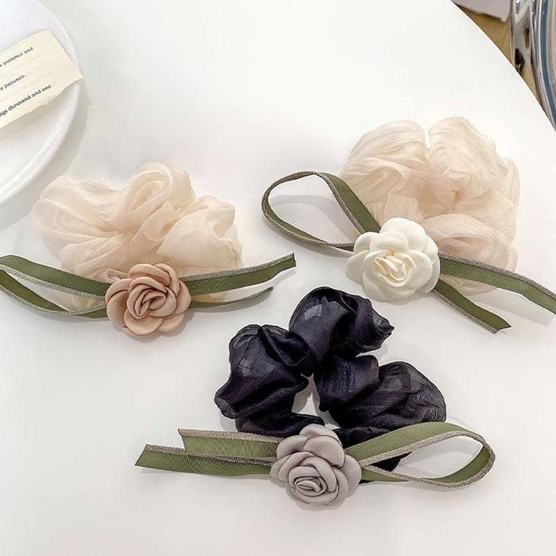 Camellia Bow Scrunchie Hair Tie - Black with Grey Flower - view 4