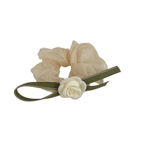 Camellia Bow Scrunchie Hair Tie - Cream with White Flower