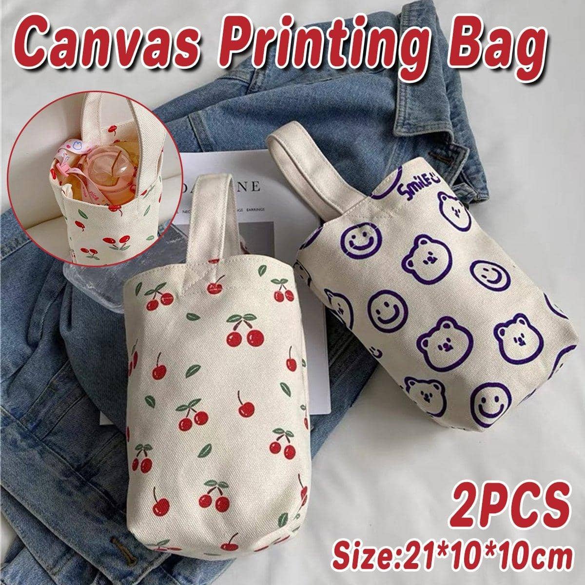 Canvas Cup Bags with Wrist Handle, Set of 2 - Red Cherry Print - view 2
