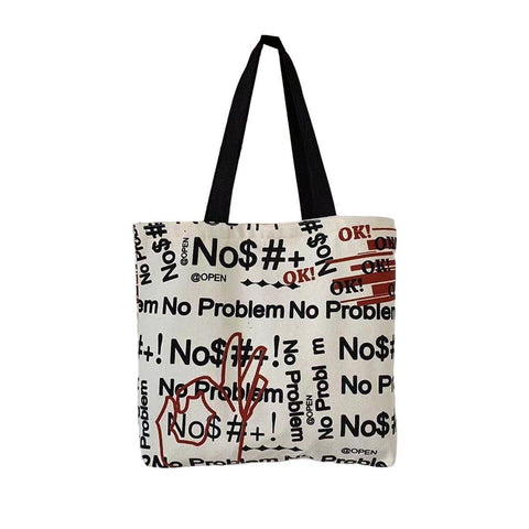 Canvas Shoulder Tote Bag for Women - No Problem Lettering with Red OK Hand Sign