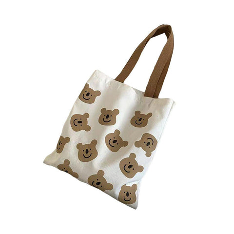 Canvas Shoulder Tote Bag for Women - Smiling Brown Bear Face Print