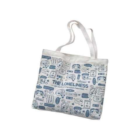 Canvas Shoulder Tote Bag for Women - White with Blue Cartoon Doodle Print