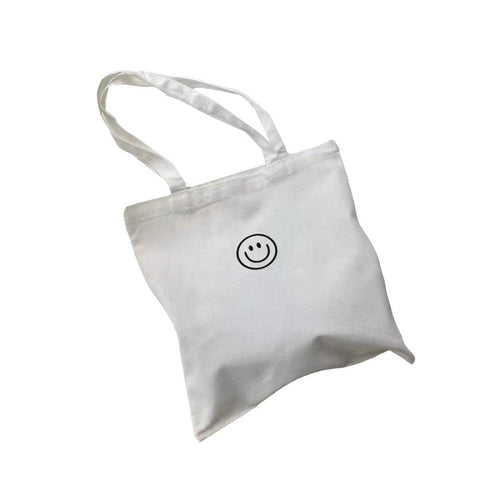 Canvas Shoulder Tote Bag for Women - White Smiley Face Print