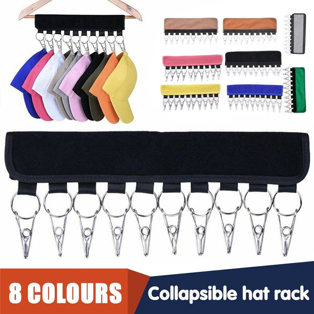 Cap Organiser Hanger 10 Clip Hat Rack for Door and Wardrobe - Khaki - view 2