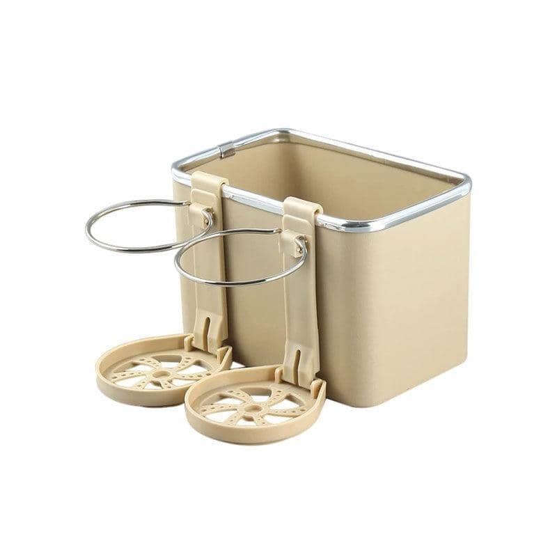 Car Armrest Storage Box with Tissue Holder and Dual Cup Rack - Beige