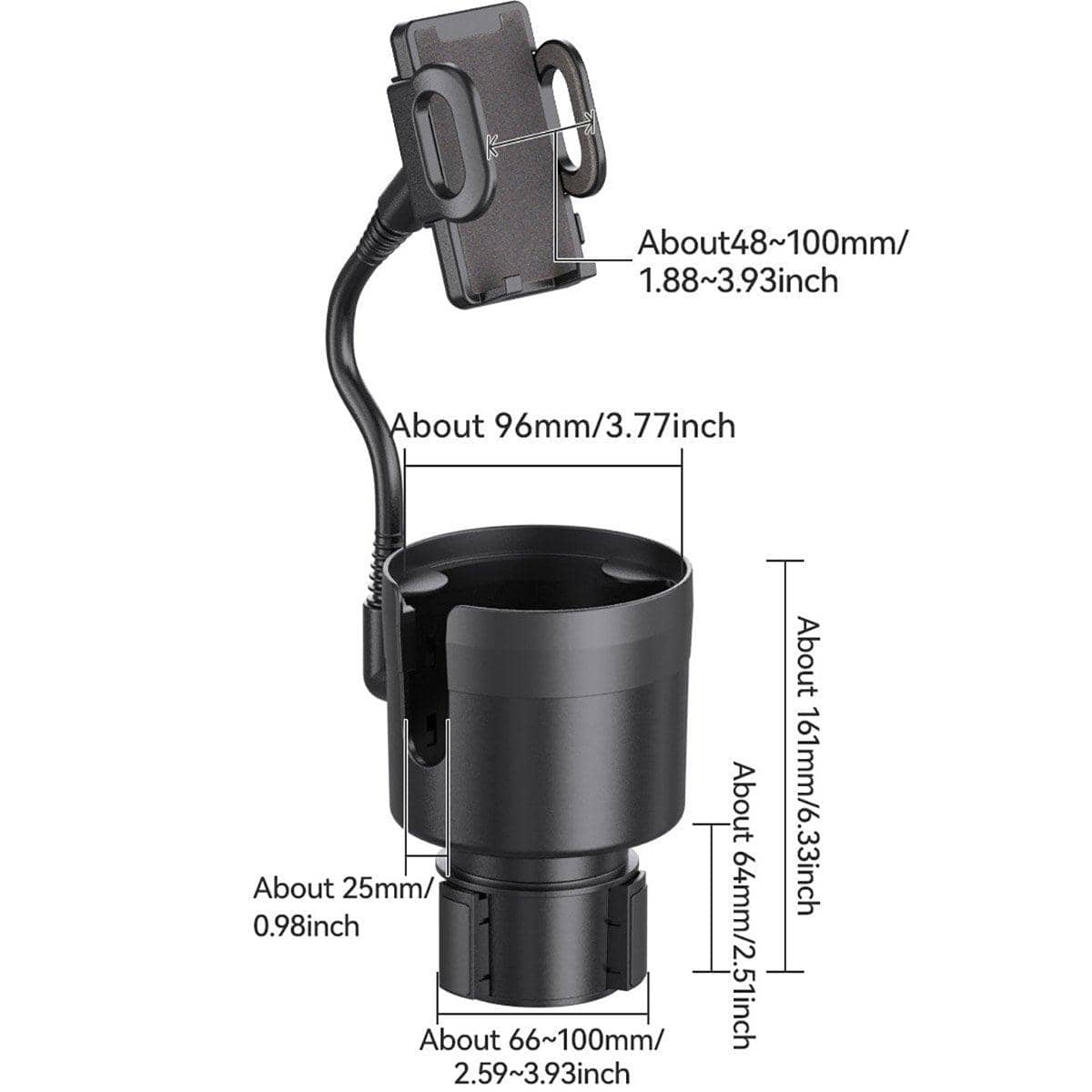 Car Cup Holder and Phone Holder Combo with Adjustable Base - Black - view 3