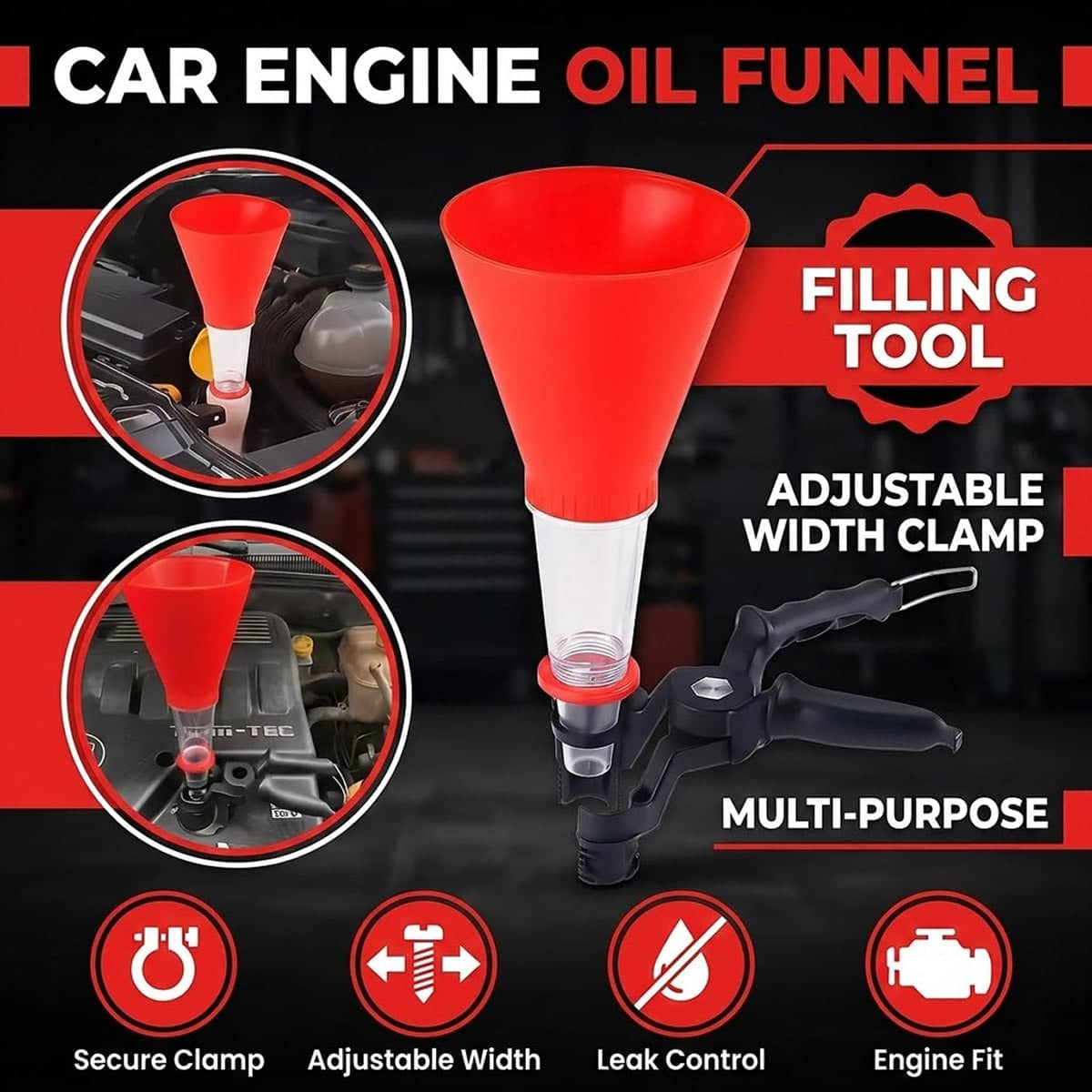Car Engine Oil Filling Funnel with Hands Free Clamp and Clear Tube