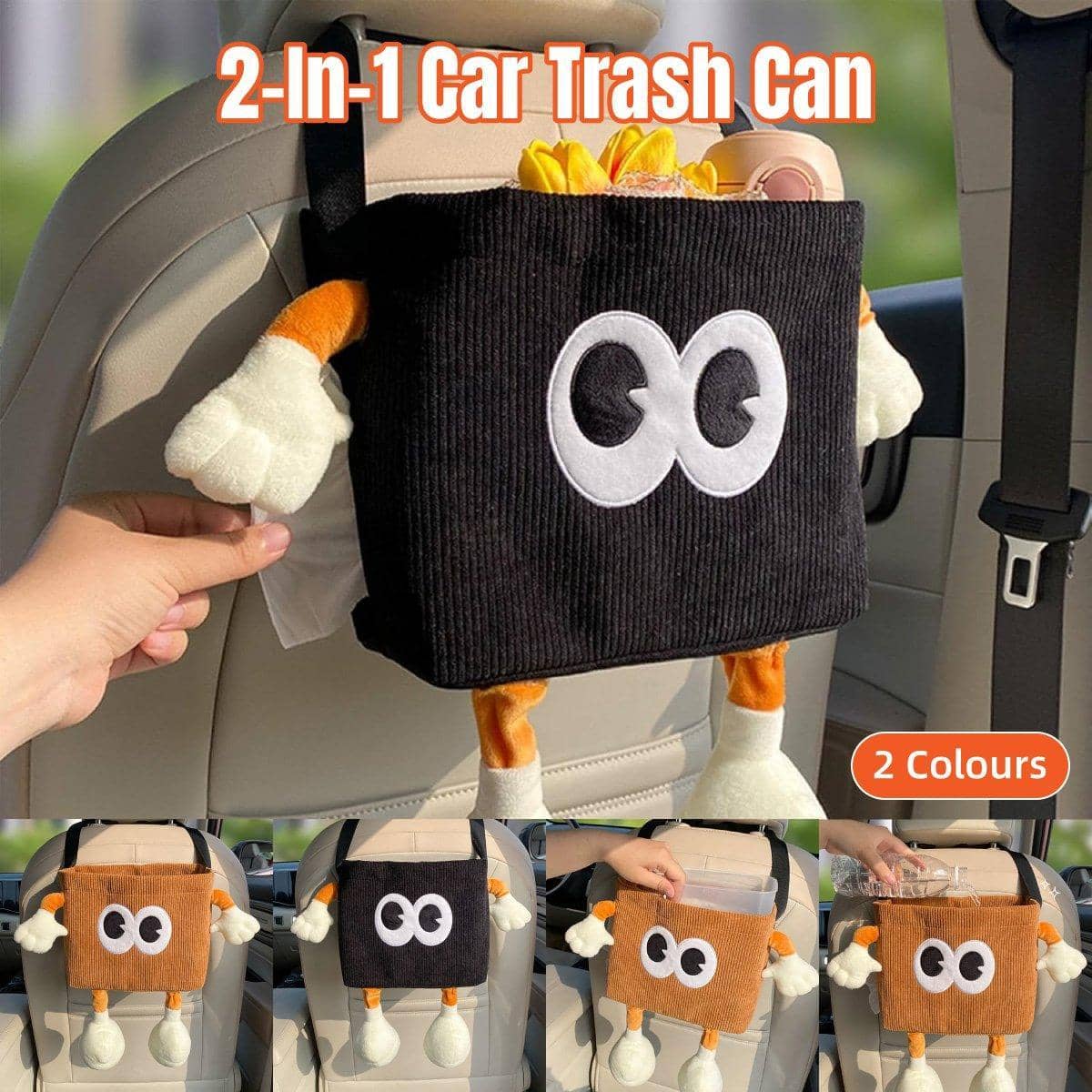 Car Rubbish Bin and Tissue Box Combo with Cartoon Design - Black - view 2