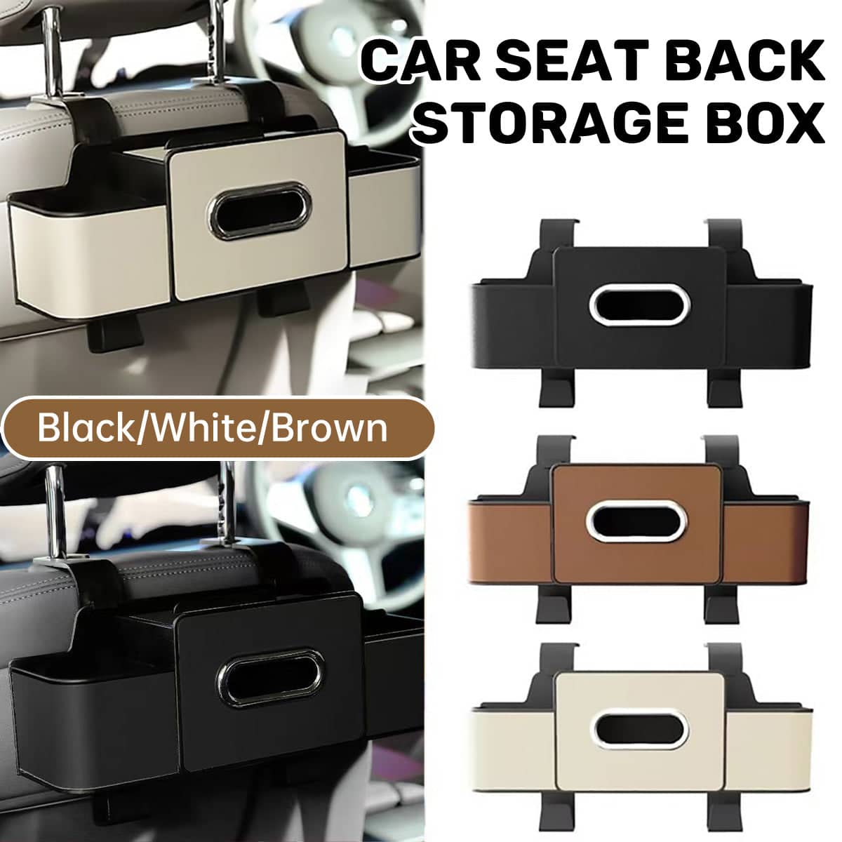 Car Seat Back Storage Box with Tissue Holder and Cup Holders - Brown - view 2
