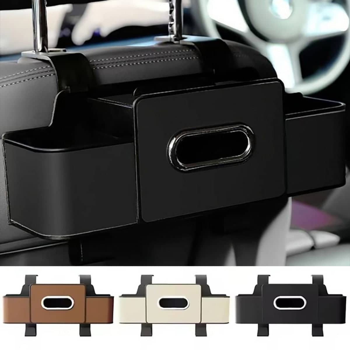 Car Seat Back Storage Box with Tissue Holder and Cup Holders - Brown - view 5