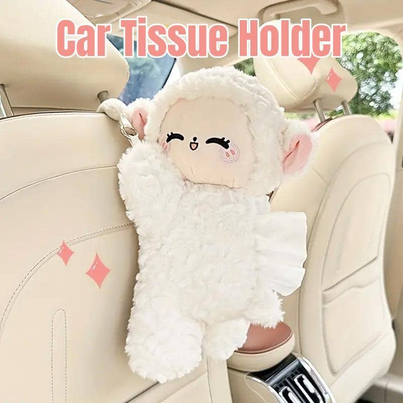 Car Tissue Box, Plush Sheep Design - Beige and White, 15 x 36 cm