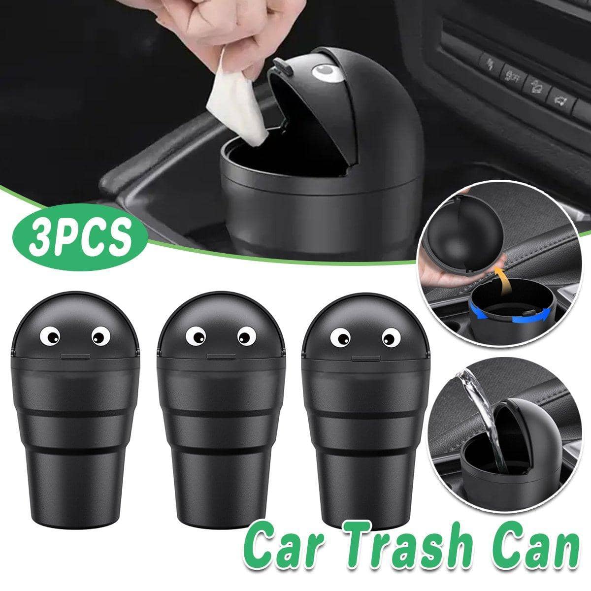 Car Trash Can Set of 3, Portable Mini Bin with Push Top Lid - Black