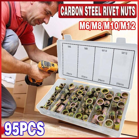 Carbon Steel Rivet Nut Assortment Kit, M6 to M12 Flange Blind Nutserts - Pack of 95